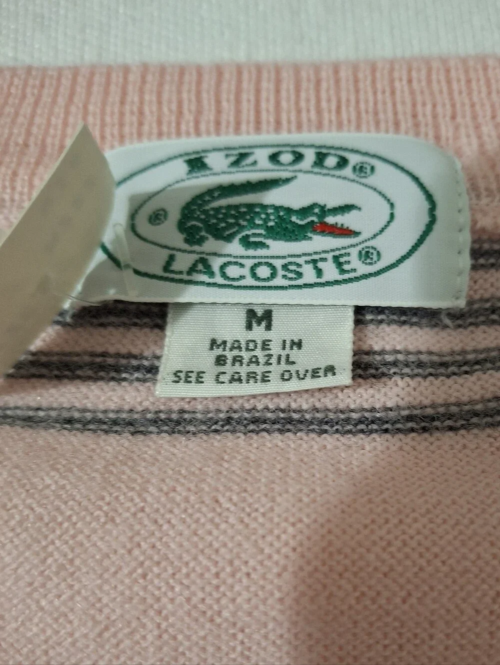 NOS Deadstock Vintage Men's Izod Lacoste Pink Grey Blue Stripe V-Neck Sweater